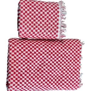 Fieldcrest Vintage MCM Red‎ White Gingham Bath Hand Towel Set 100% Cotton USA